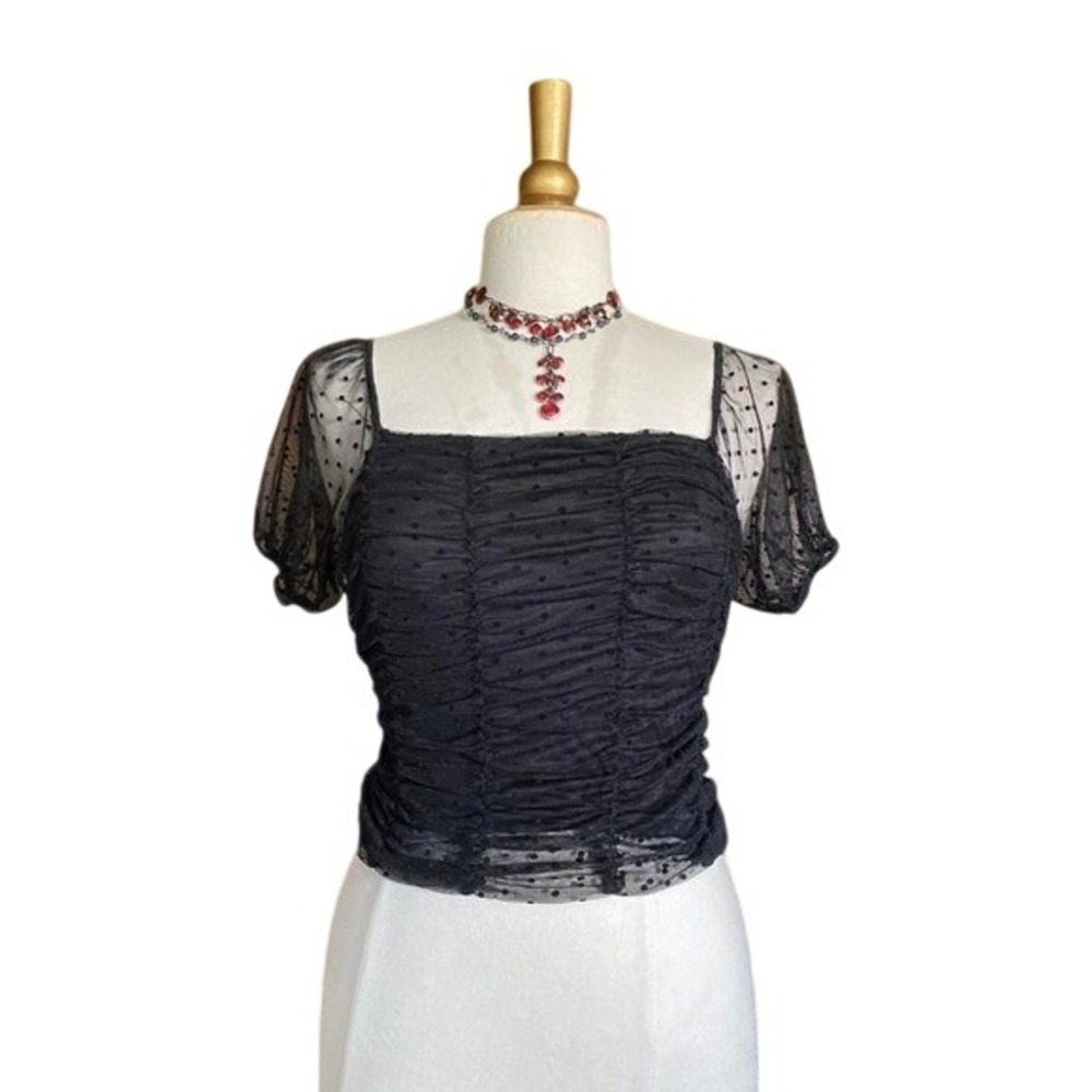 Ambiance Black Polka Dot Mesh Ruched Puff Sleeve Top Small 72588 Goth Romantic